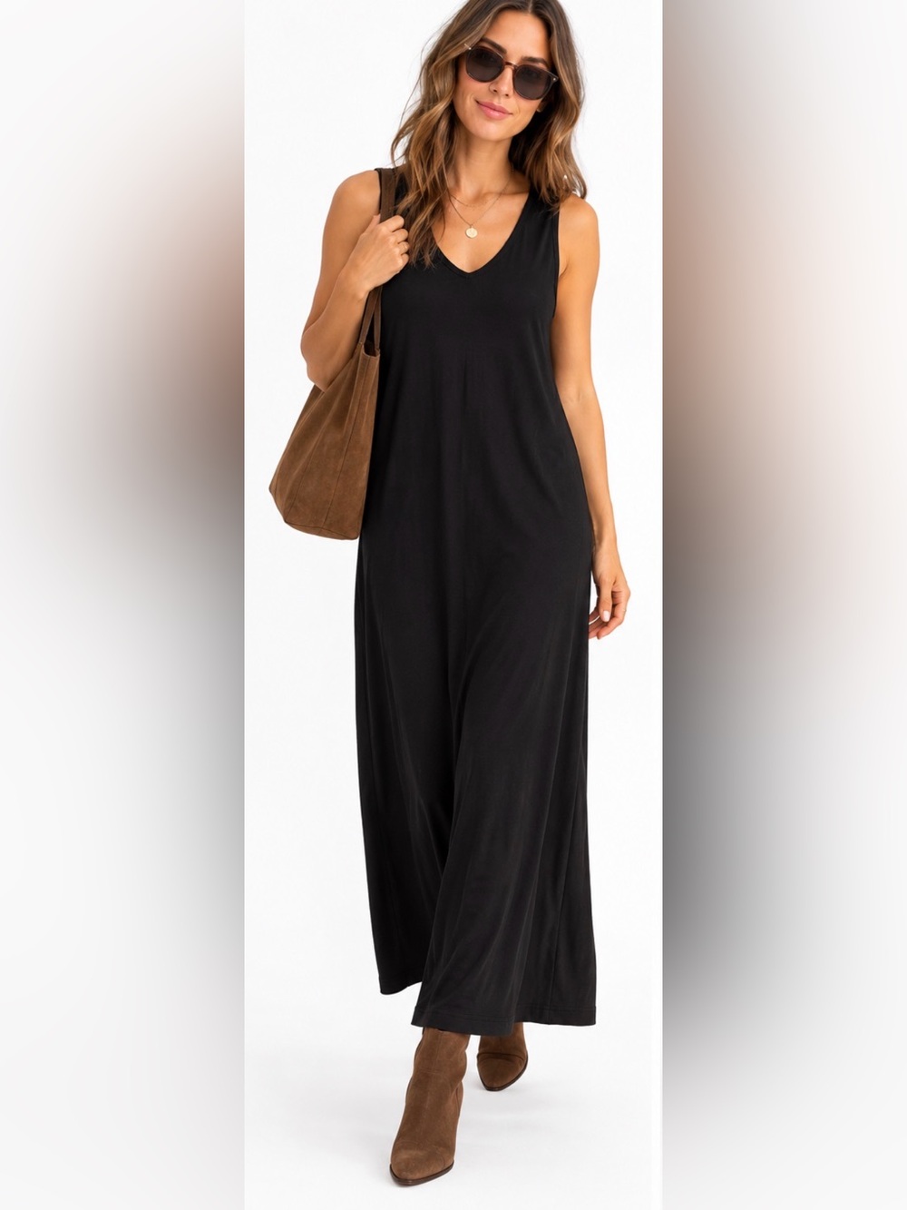 Eileen Fisher System Black Jersey Sleeveless Maxi Dress Medium Minimalist Chic